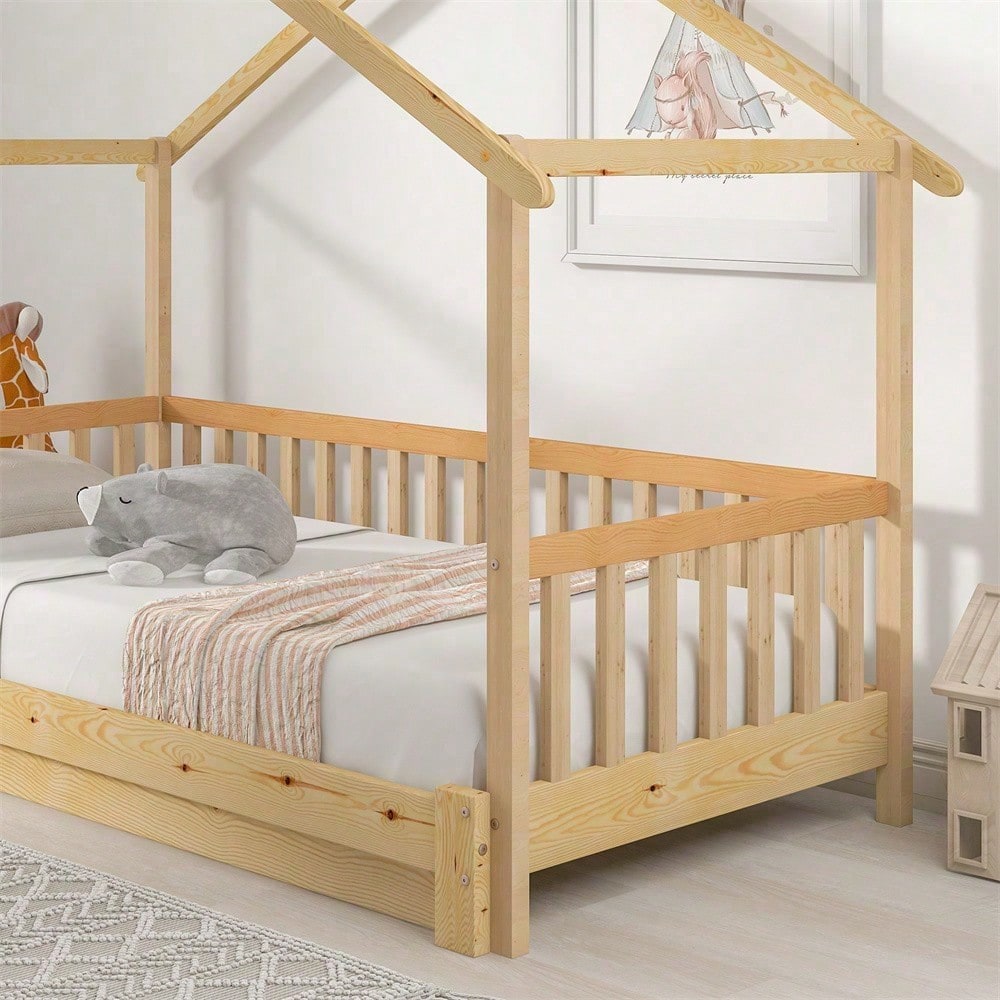 Erweiterbares Baumhausbett, Hausbett, Kinderbett, Tagesbett, Einzel- und Doppelbett, reines Massivholz, natur (200x90cm)
