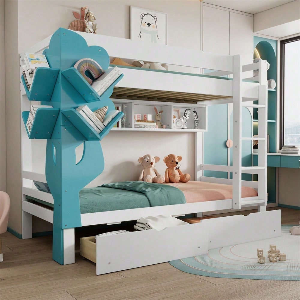 Etagenbett, Kreatives Kinderbett, Bücherregal in Baumform, Offenes Regal, Zwei Schubladen mit Rollen, Mit Fallschutzgitter, Reichlich Stauraum, Kiefer+MDF, Weiß+Blau, 90x200cm