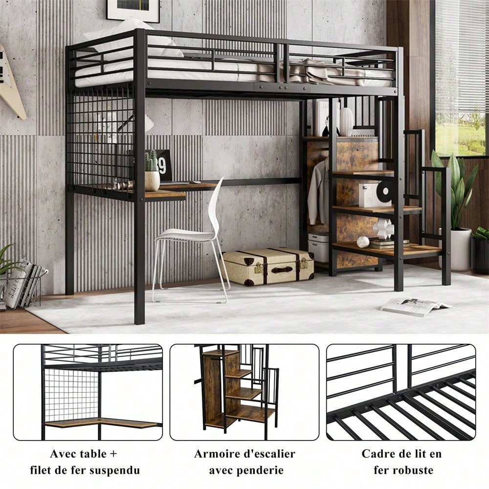 Eisenbett, Etagenbett, Hochbett, Geeignet für Kinder und Jugendliche, mit Tisch und Kleiderschrank, Seitenleiter mit Handlauf, Eisen+Spanplatte, Schwarz+dunkle Holzfarbe, 90x200cm