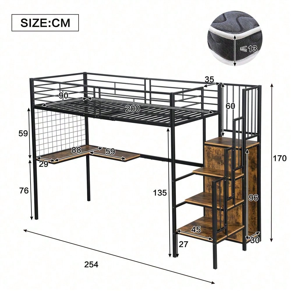 Eisenbett, Etagenbett, Hochbett, Geeignet für Kinder und Jugendliche, mit Tisch und Kleiderschrank, Seitenleiter mit Handlauf, Eisen+Spanplatte, Schwarz+dunkle Holzfarbe, 90x200cm
