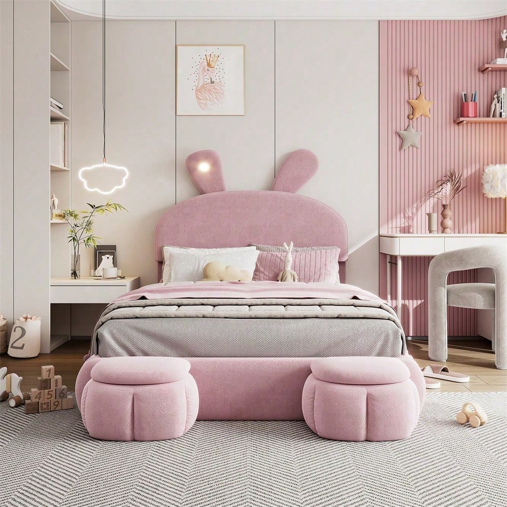 Polsterbett, Doppelbett, hydraulisches Bett, Hasenohren mit einstellbarer Helligkeit warmfarbenen Lichtstreifen, Stauraum unter dem Bett, zwei Aufbewahrungshockern, Samt, Rosa, 140x200cm