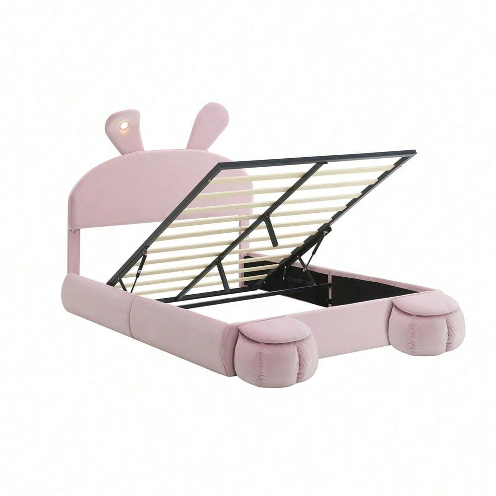 Polsterbett, Doppelbett, hydraulisches Bett, Hasenohren mit einstellbarer Helligkeit warmfarbenen Lichtstreifen, Stauraum unter dem Bett, zwei Aufbewahrungshockern, Samt, Rosa, 140x200cm