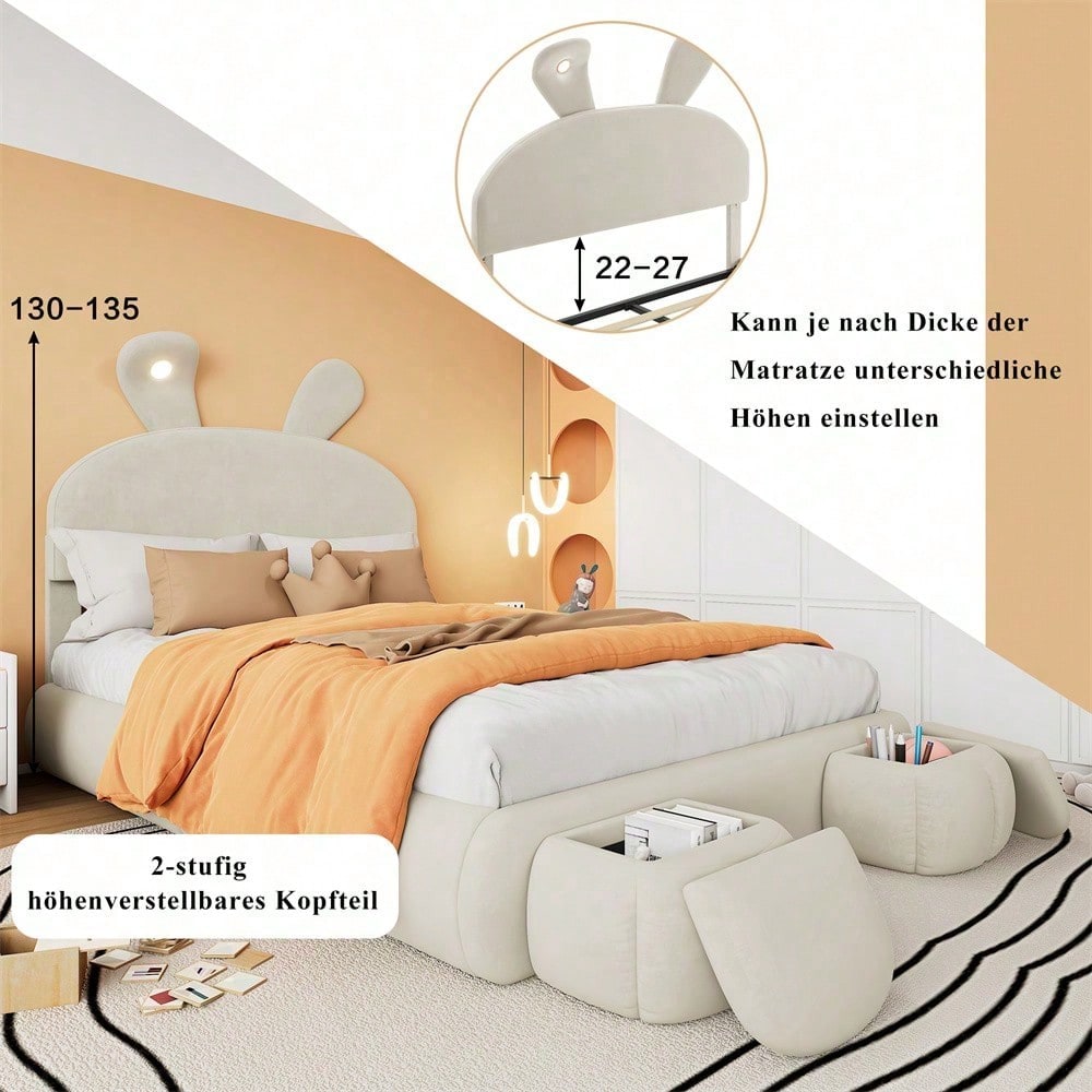Polsterbett, Doppelbett, hydraulisches Bett, Hasenohren mit einstellbarer Helligkeit warmfarbenen Lichtstreifen, Stauraum unter dem Bett, zwei Aufbewahrungshockern, Samt, Rosa, 140x200cm