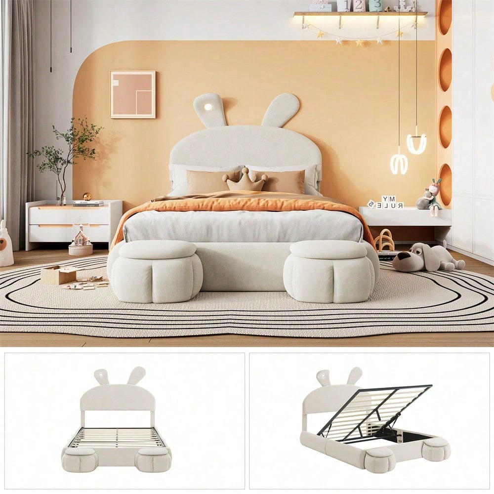 Polsterbett, Doppelbett, hydraulisches Bett, Hasenohren mit einstellbarer Helligkeit warmfarbenen Lichtstreifen, Stauraum unter dem Bett, zwei Aufbewahrungshockern, Samt, Rosa, 140x200cm