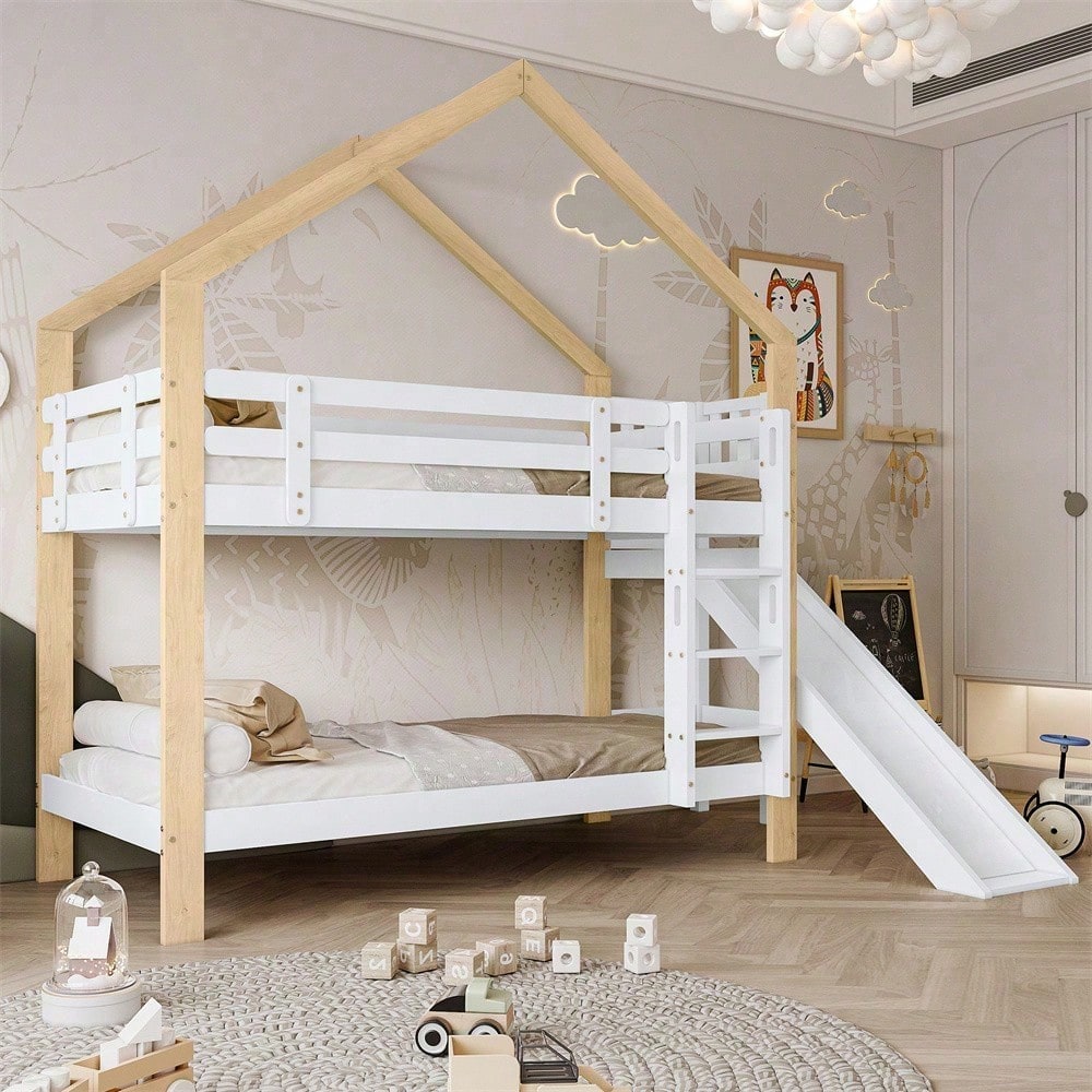 Etagenbett mit Rutsche und dreistufiger Winkelaufstiegsleiter, Hausbett mit mit Absturzsicherung, Kinderbett, Bettrahmen aus Massivholz, Weiß+Natur, 90x200cm
