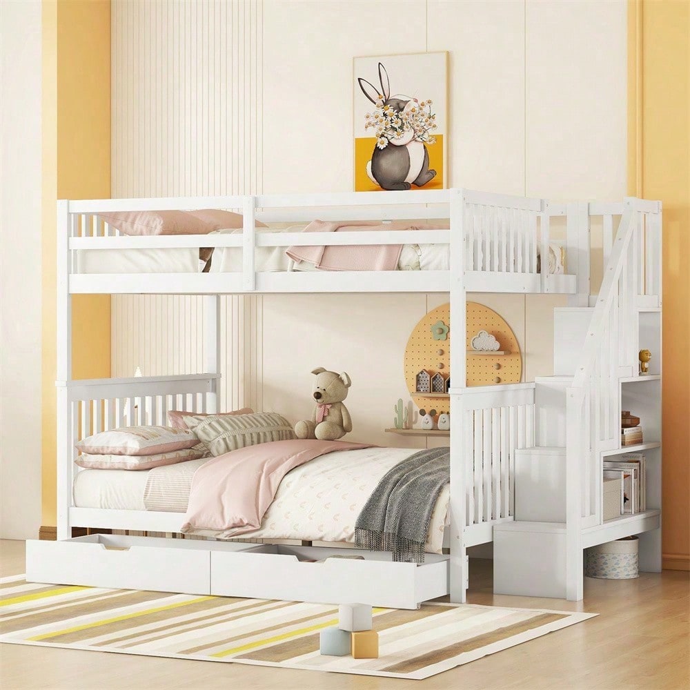140*200cm Etagenbett, Treppenregal, ausgestattet mit zwei Schubladen, hohe Geländer, EN747-1 zertifiziert, weiß