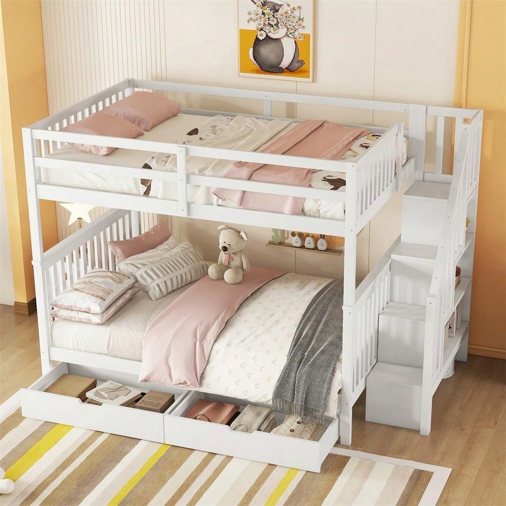 140*200cm Etagenbett, Treppenregal, ausgestattet mit zwei Schubladen, hohe Geländer, EN747-1 zertifiziert, weiß