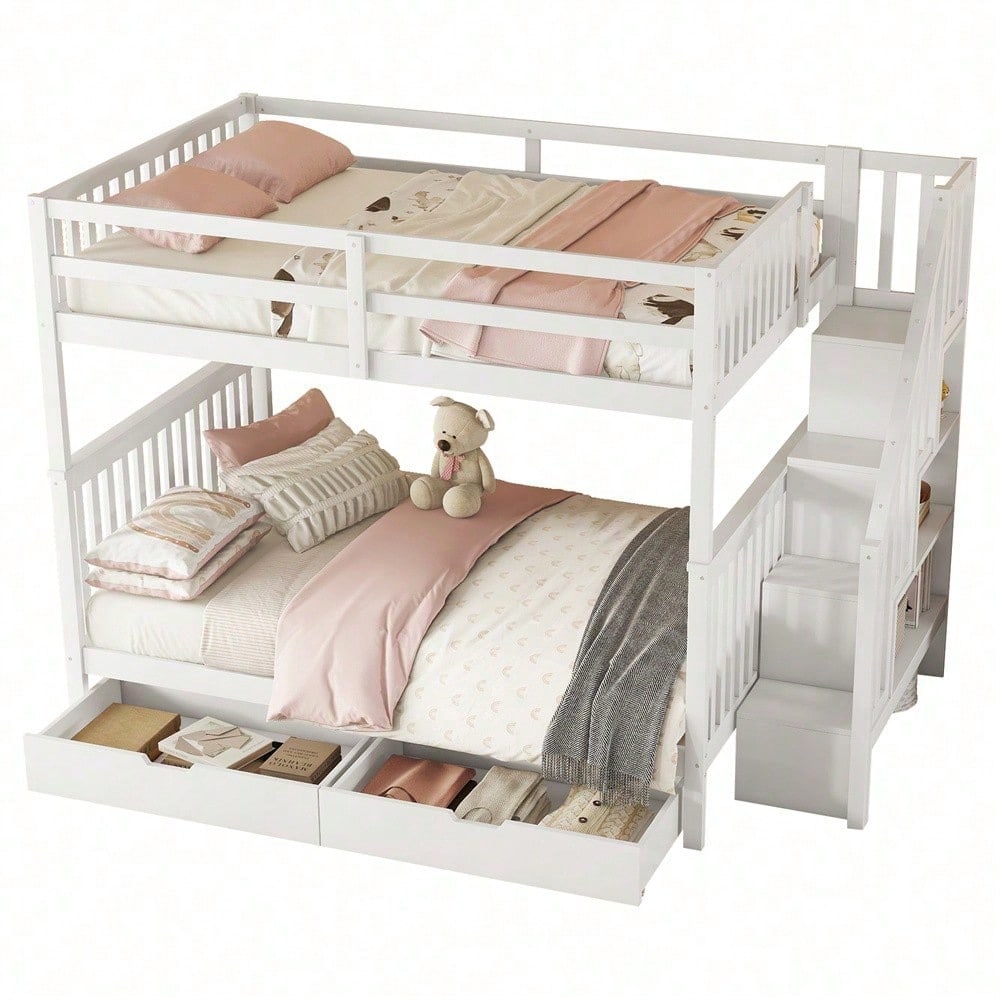 140*200cm Etagenbett, Treppenregal, ausgestattet mit zwei Schubladen, hohe Geländer, EN747-1 zertifiziert, weiß