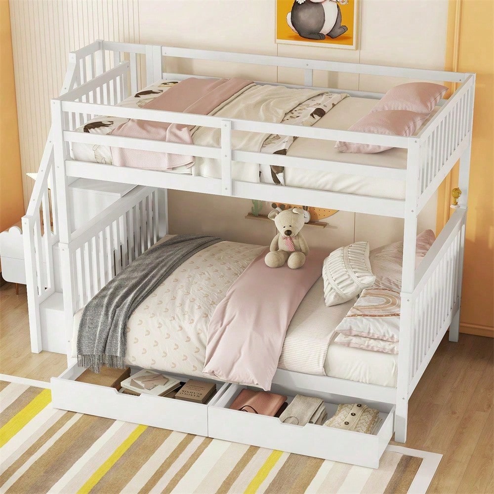 140*200cm Etagenbett, Treppenregal, ausgestattet mit zwei Schubladen, hohe Geländer, EN747-1 zertifiziert, weiß