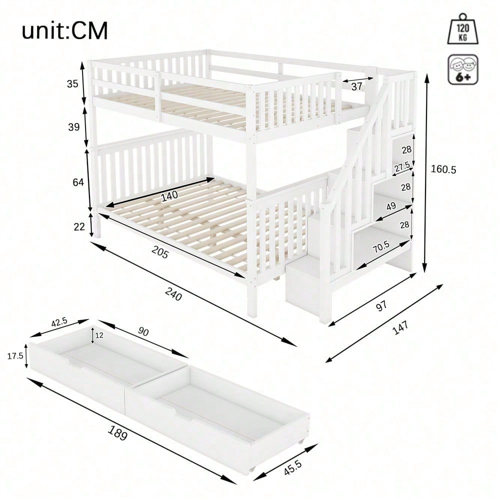 140*200cm Etagenbett, Treppenregal, ausgestattet mit zwei Schubladen, hohe Geländer, EN747-1 zertifiziert, weiß