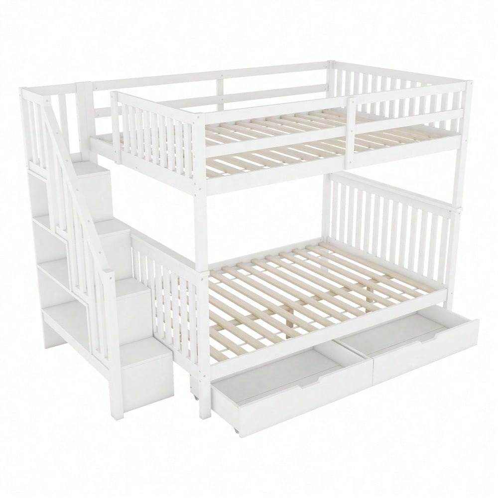 140*200cm Etagenbett, Treppenregal, ausgestattet mit zwei Schubladen, hohe Geländer, EN747-1 zertifiziert, weiß