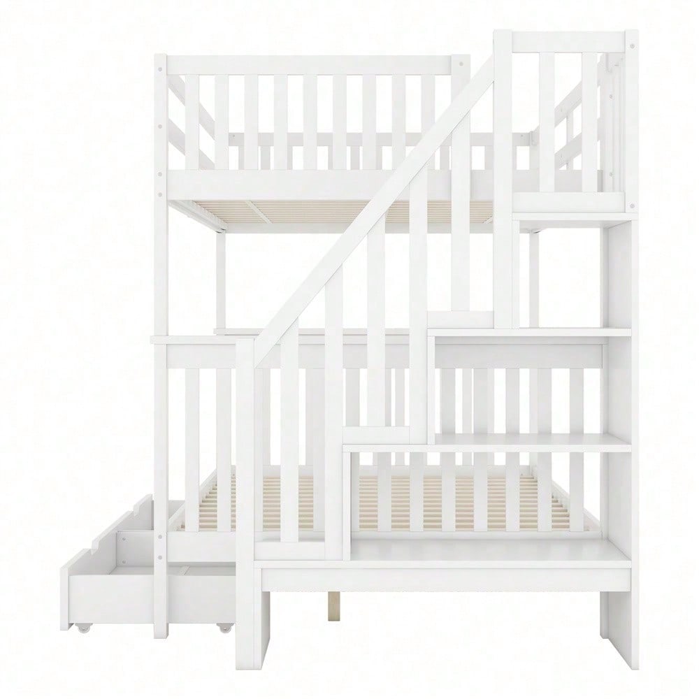 140*200cm Etagenbett, Treppenregal, ausgestattet mit zwei Schubladen, hohe Geländer, EN747-1 zertifiziert, weiß
