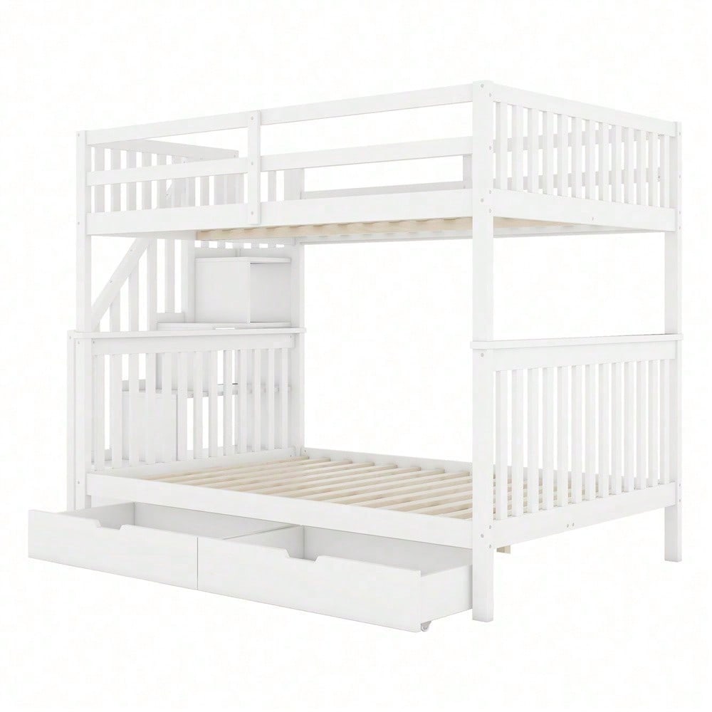 140*200cm Etagenbett, Treppenregal, ausgestattet mit zwei Schubladen, hohe Geländer, EN747-1 zertifiziert, weiß