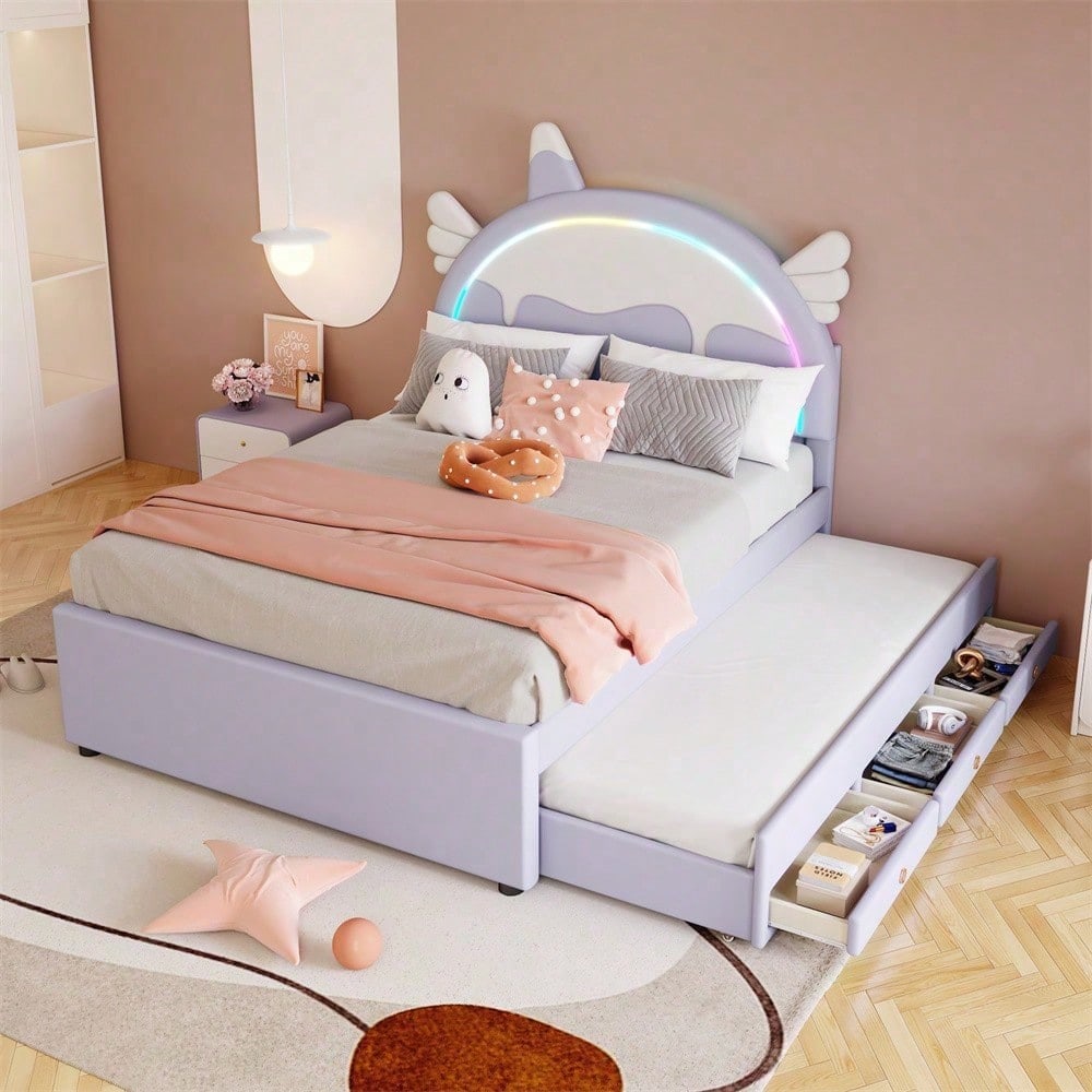 140*200cm Cartoon Kinderbett, Einhornform, ausgestattet mit ausziehbares rollbett, PU-Material,Violett