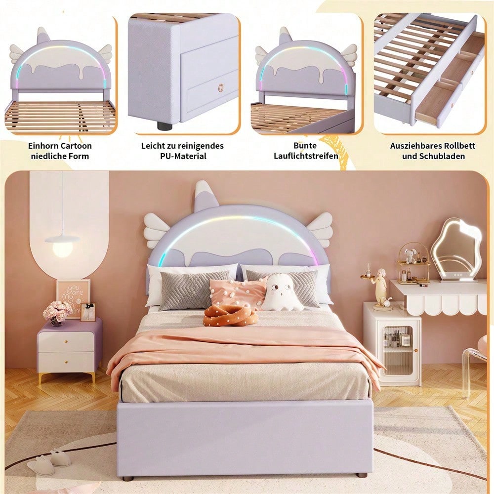 140*200cm Cartoon Kinderbett, Einhornform, ausgestattet mit ausziehbares rollbett, PU-Material,Violett