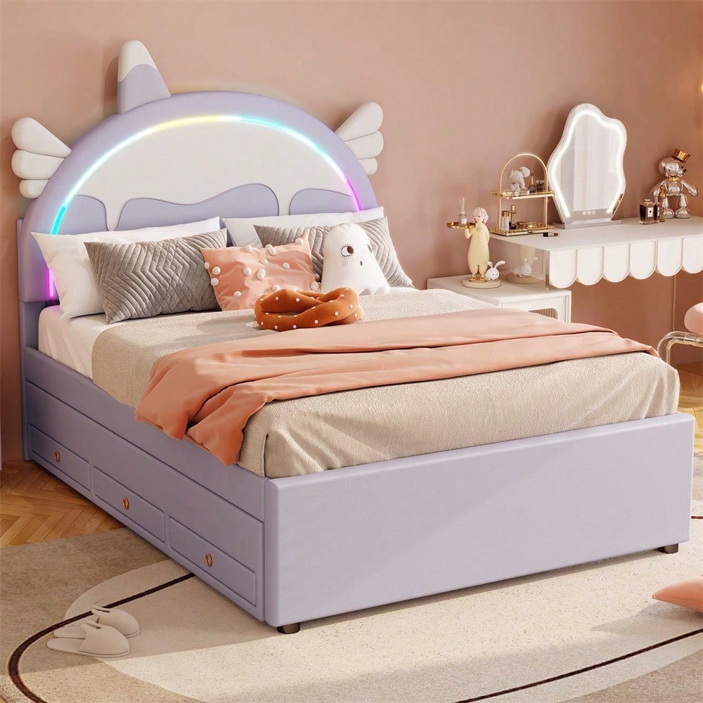140*200cm Cartoon Kinderbett, Einhornform, ausgestattet mit ausziehbares rollbett, PU-Material,Violett
