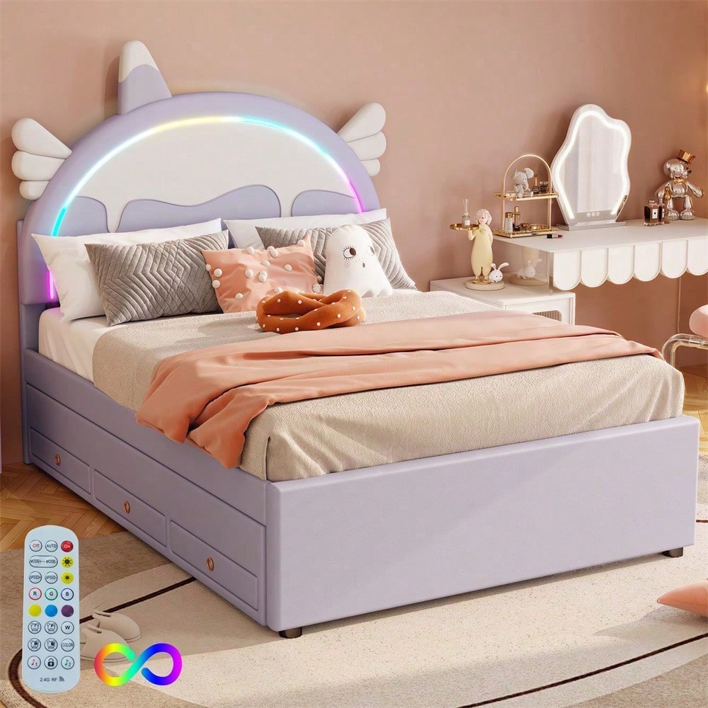 140*200cm Cartoon Kinderbett, Einhornform, ausgestattet mit ausziehbares rollbett, PU-Material,Violett
