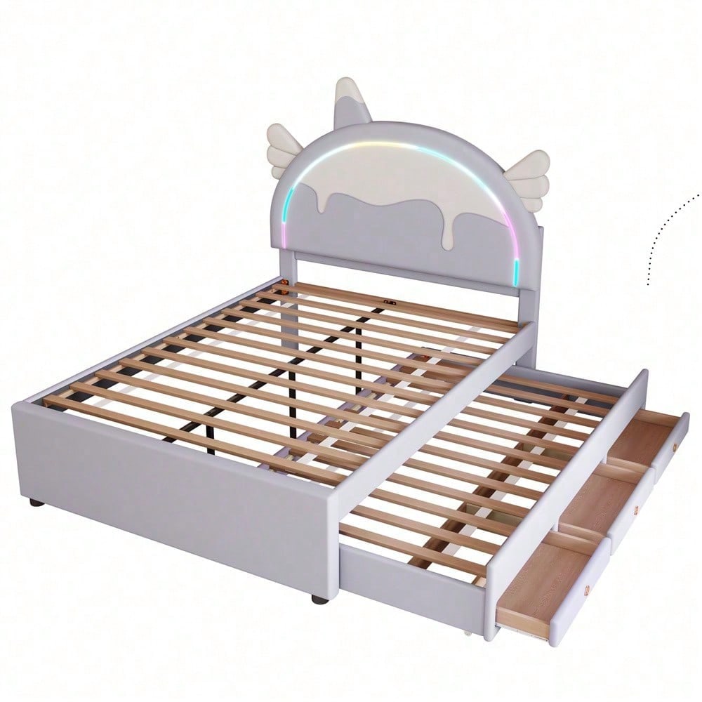 140*200cm Cartoon Kinderbett, Einhornform, ausgestattet mit ausziehbares rollbett, PU-Material,Violett