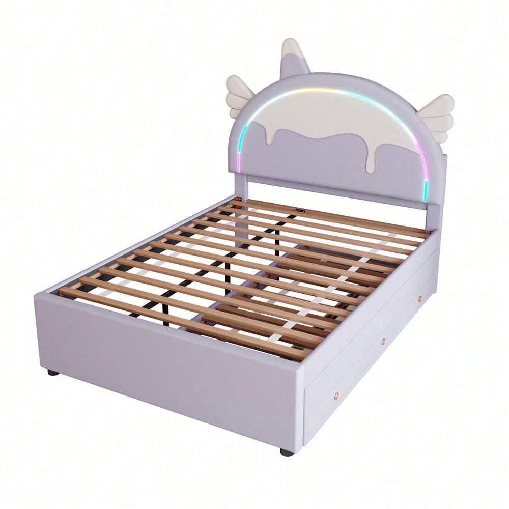 140*200cm Cartoon Kinderbett, Einhornform, ausgestattet mit ausziehbares rollbett, PU-Material,Violett