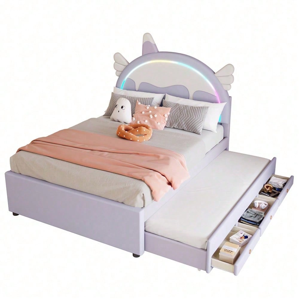 140*200cm Cartoon Kinderbett, Einhornform, ausgestattet mit ausziehbares rollbett, PU-Material,Violett