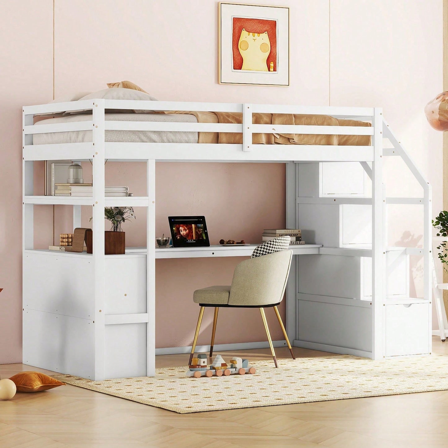 90*200cm, Hochbett, Bett und Tisch, Stauraumleiter, zwei Schubladen, weiß