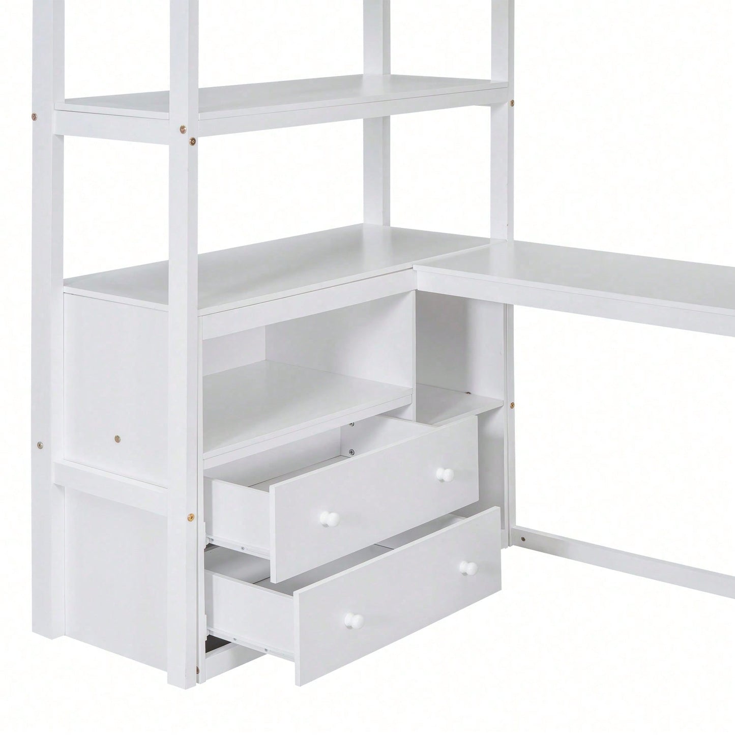 90*200cm, Hochbett, Bett und Tisch, Stauraumleiter, zwei Schubladen, weiß
