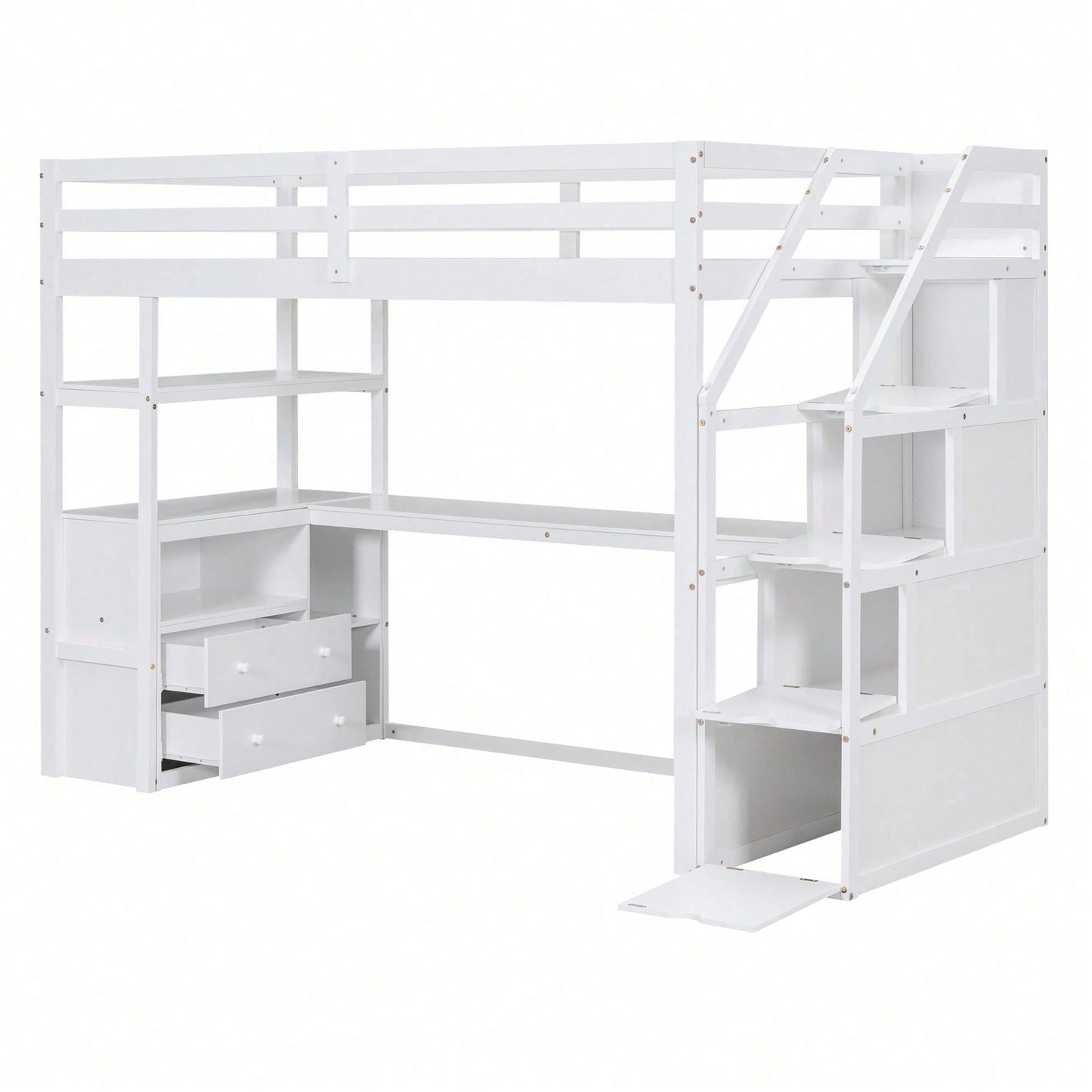 90*200cm, Hochbett, Bett und Tisch, Stauraumleiter, zwei Schubladen, weiß