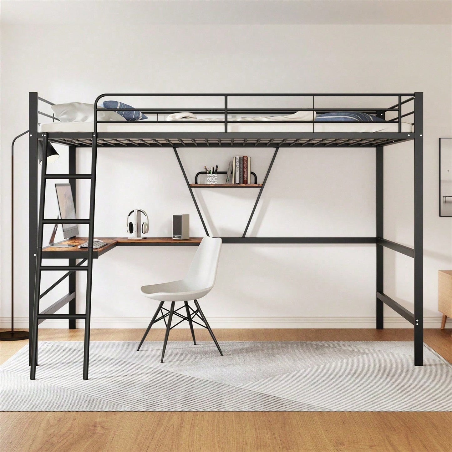 90x200cm Bettgestell Metallbett, Eisenbett, Hochbett mit L-förmigem Schreibtisch und einem Regal für Kinder, Jugendliche und Erwachsene, schwarz