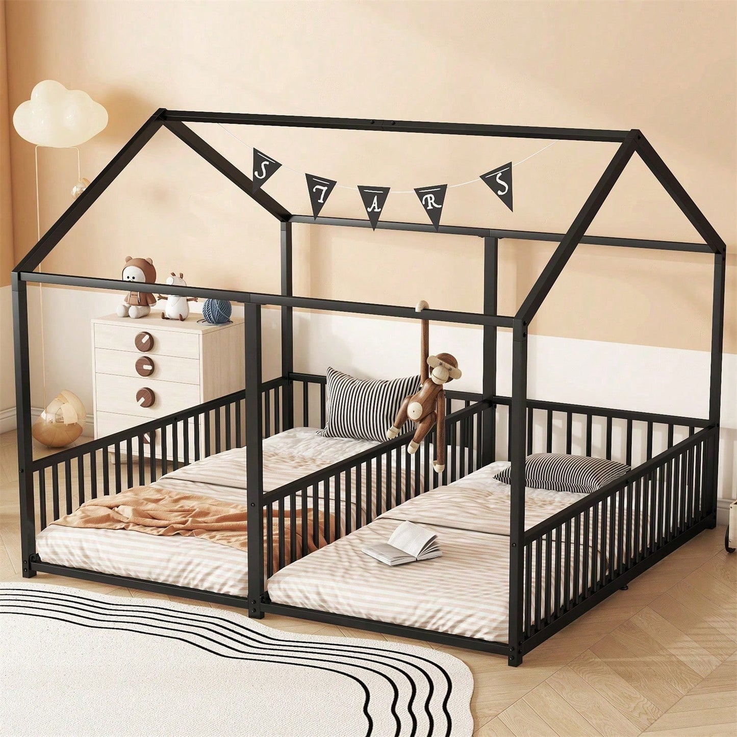 Metallbett, Kinderbett, 90*200cm , Ohne Matratze, Geländer, Leiter, Hausmodellierung, Doppelbett Design, Doppelbett, Eisenrahmen, Schwarz