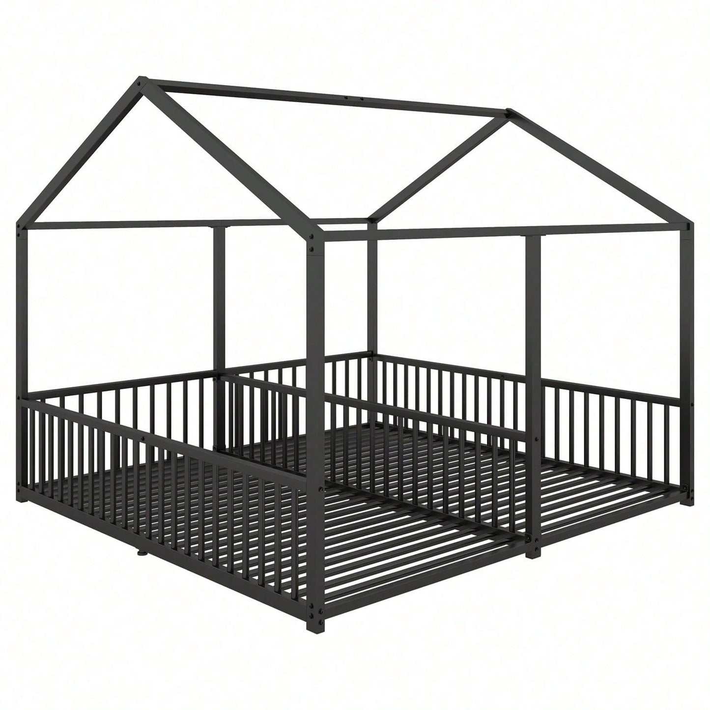 Metallbett, Kinderbett, 90*200cm , Ohne Matratze, Geländer, Leiter, Hausmodellierung, Doppelbett Design, Doppelbett, Eisenrahmen, Schwarz