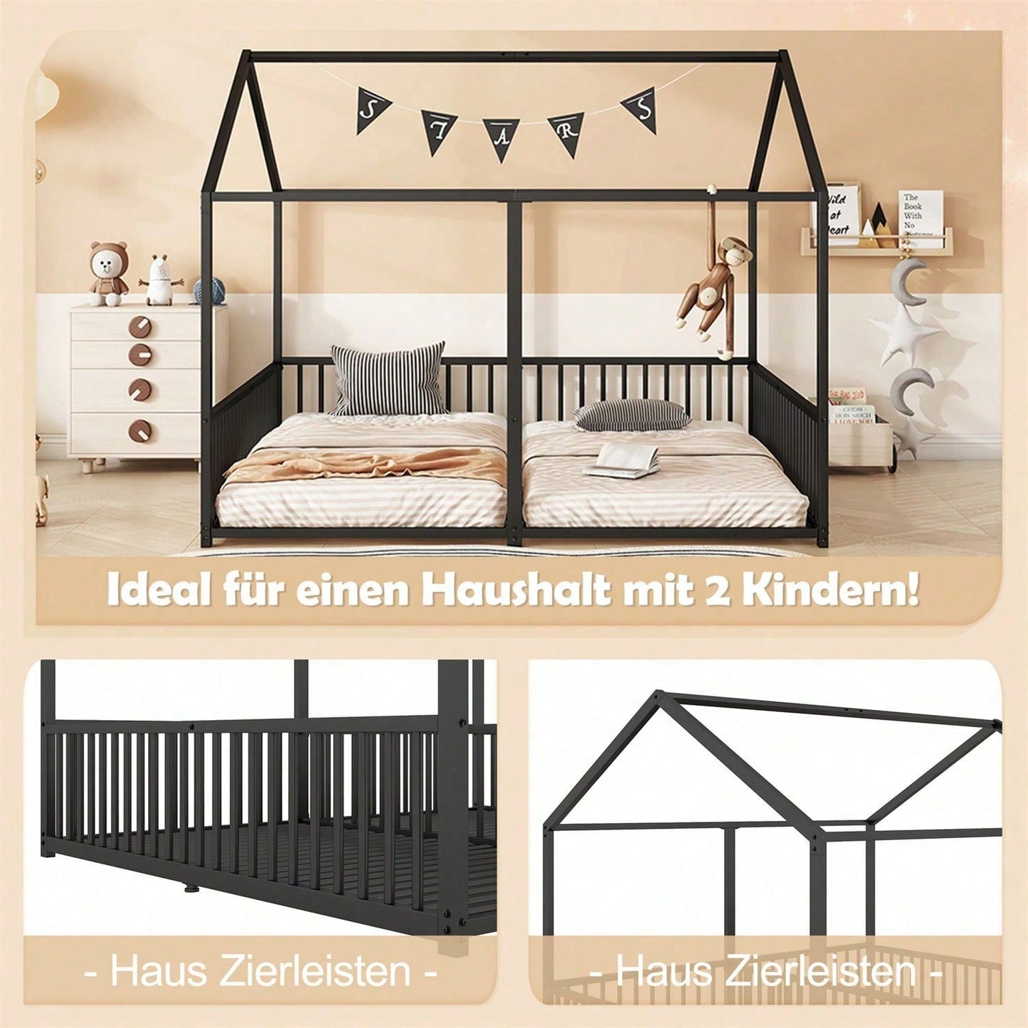 Metallbett, Kinderbett, 90*200cm , Ohne Matratze, Geländer, Leiter, Hausmodellierung, Doppelbett Design, Doppelbett, Eisenrahmen, Schwarz
