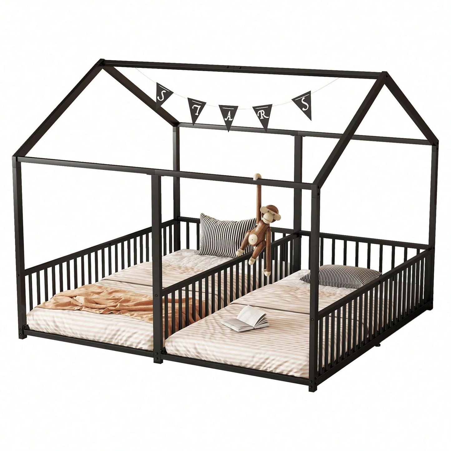 Metallbett, Kinderbett, 90*200cm , Ohne Matratze, Geländer, Leiter, Hausmodellierung, Doppelbett Design, Doppelbett, Eisenrahmen, Schwarz