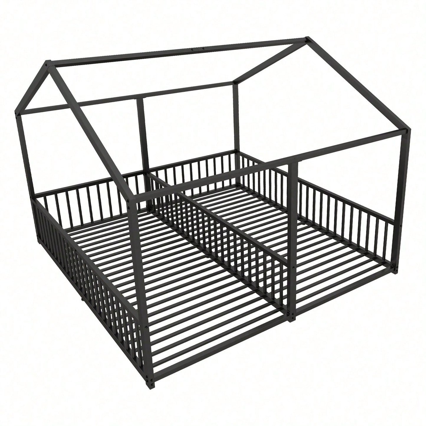 Metallbett, Kinderbett, 90*200cm , Ohne Matratze, Geländer, Leiter, Hausmodellierung, Doppelbett Design, Doppelbett, Eisenrahmen, Schwarz