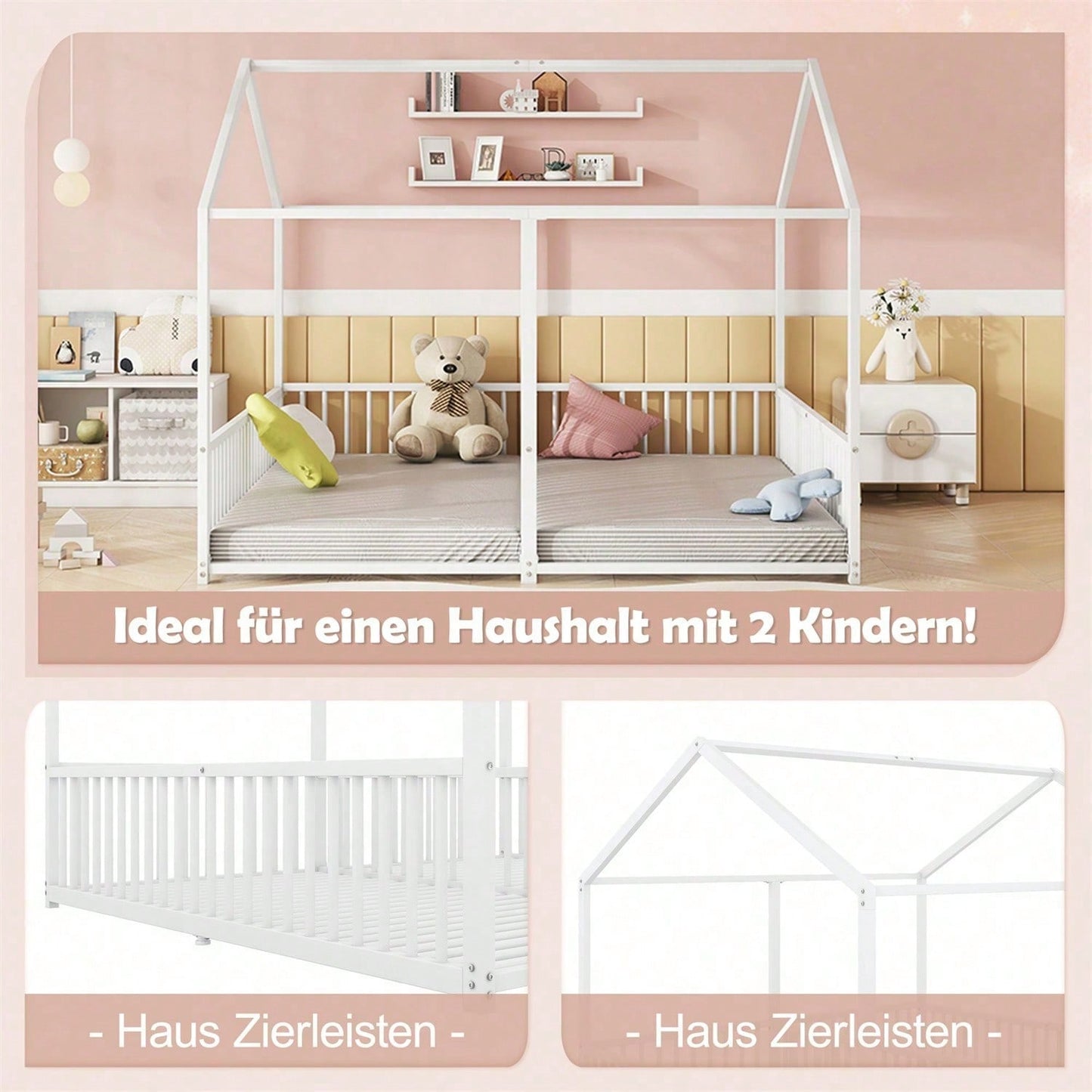 Metallbett, Kinderbett, 90*200cm , Ohne Matratze, Geländer, Leiter, Hausmodellierung, Doppelbett Design, Doppelbett, Eisenrahmen, Schwarz