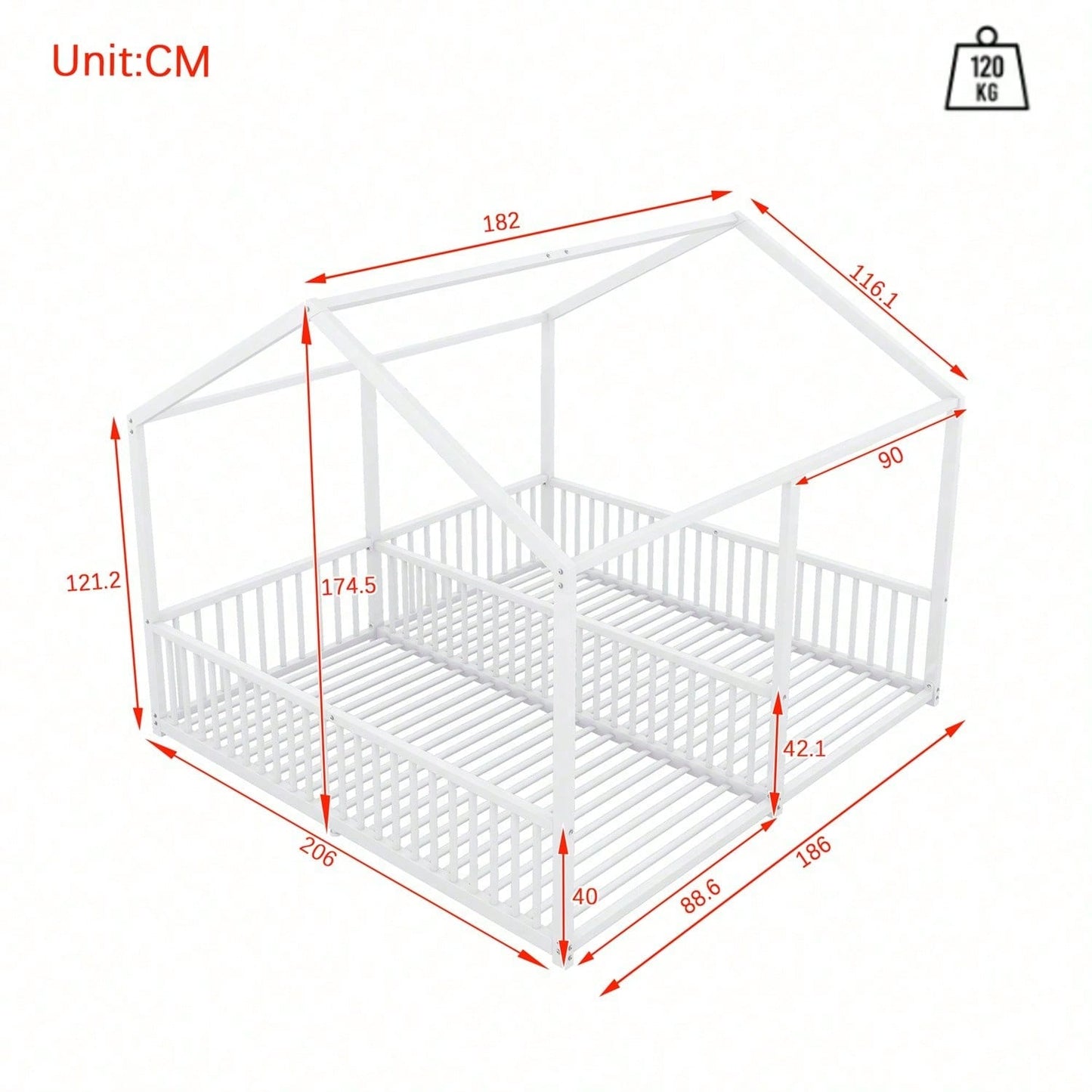 Metallbett, Kinderbett, 90*200cm , Ohne Matratze, Geländer, Leiter, Hausmodellierung, Doppelbett Design, Doppelbett, Eisenrahmen, Schwarz