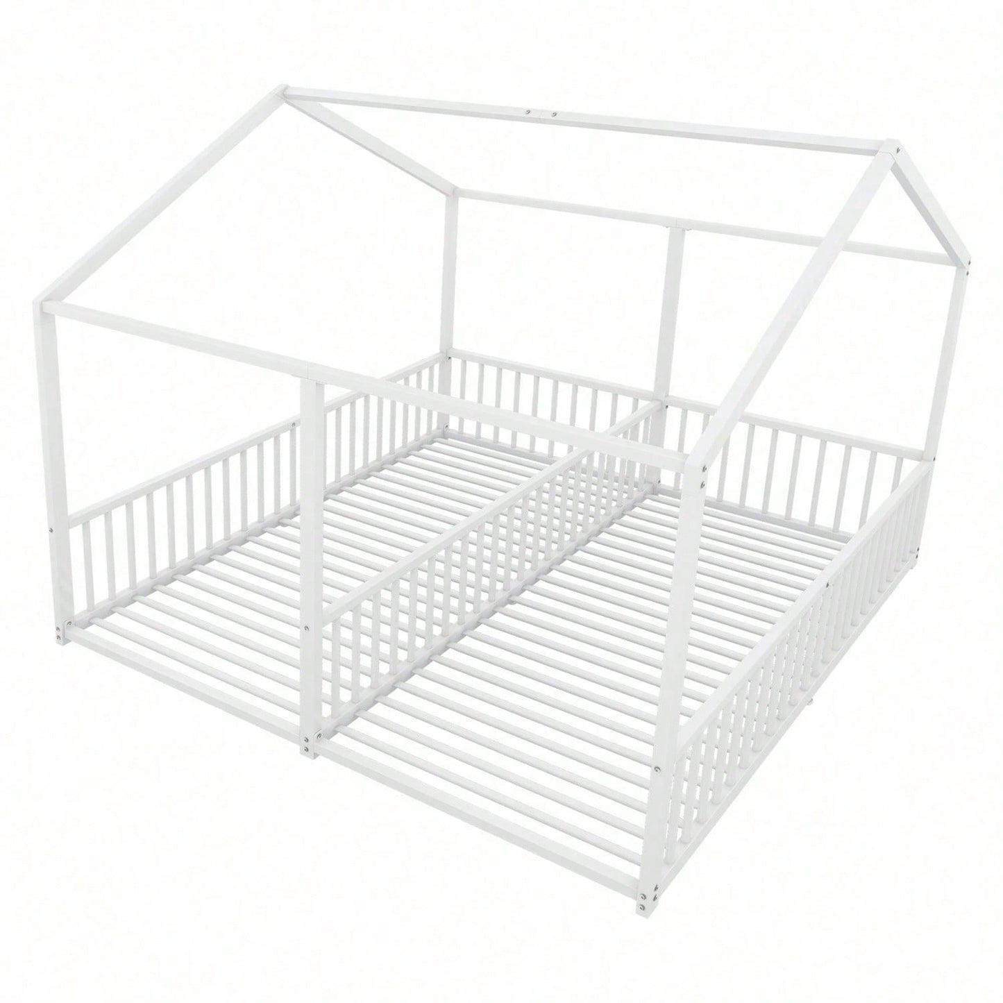 Metallbett, Kinderbett, 90*200cm , Ohne Matratze, Geländer, Leiter, Hausmodellierung, Doppelbett Design, Doppelbett, Eisenrahmen, Schwarz