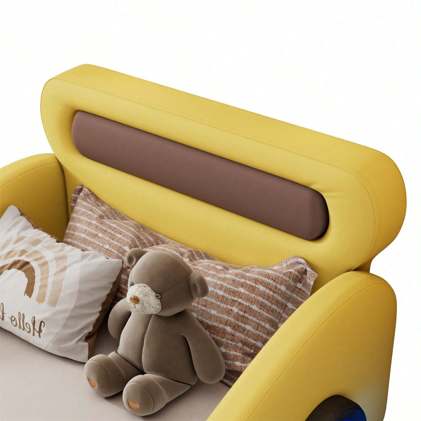 Polsterbett, 90x200cm Einzelbett, Kinderbett, Jugendbett, Polsterbett in Form eines Autos mit leuchtenden Rädern und Stauraum, PU, Ohne Matratze, Gelb