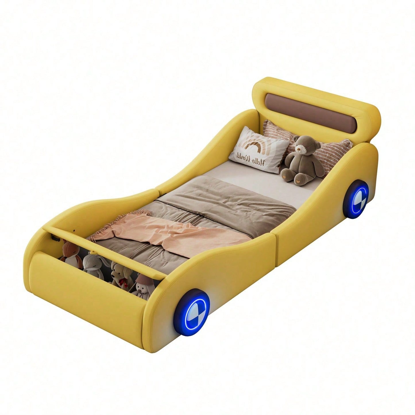 Polsterbett, 90x200cm Einzelbett, Kinderbett, Jugendbett, Polsterbett in Form eines Autos mit leuchtenden Rädern und Stauraum, PU, Ohne Matratze, Gelb