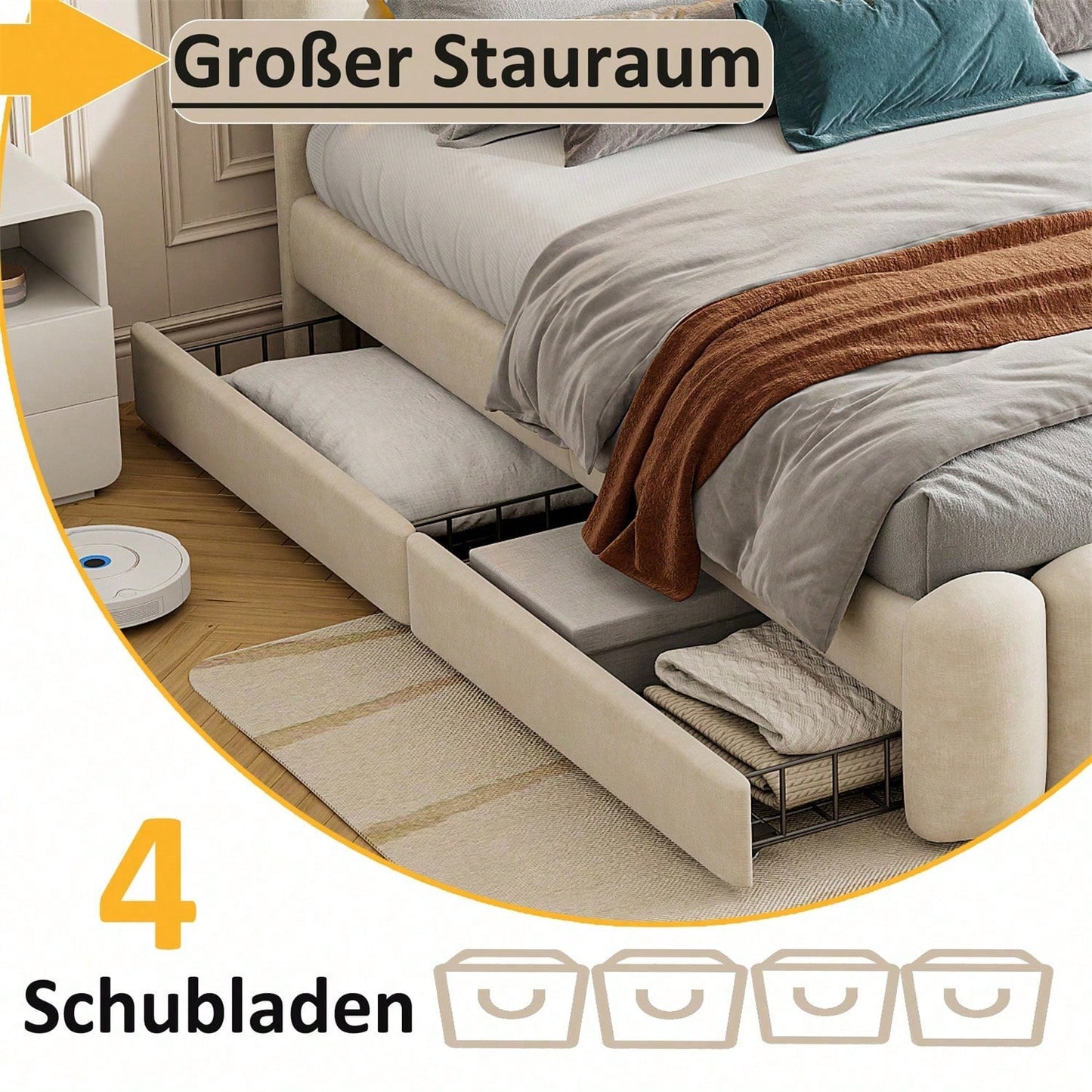 Polsterbett, 160 x 200cm, Ohne Matratze, Polsterbett mit 4 Schubladen, Polsterbet Bett mit LED-Lichtleiste mit USB und Stereoanlage, Samt, Grau