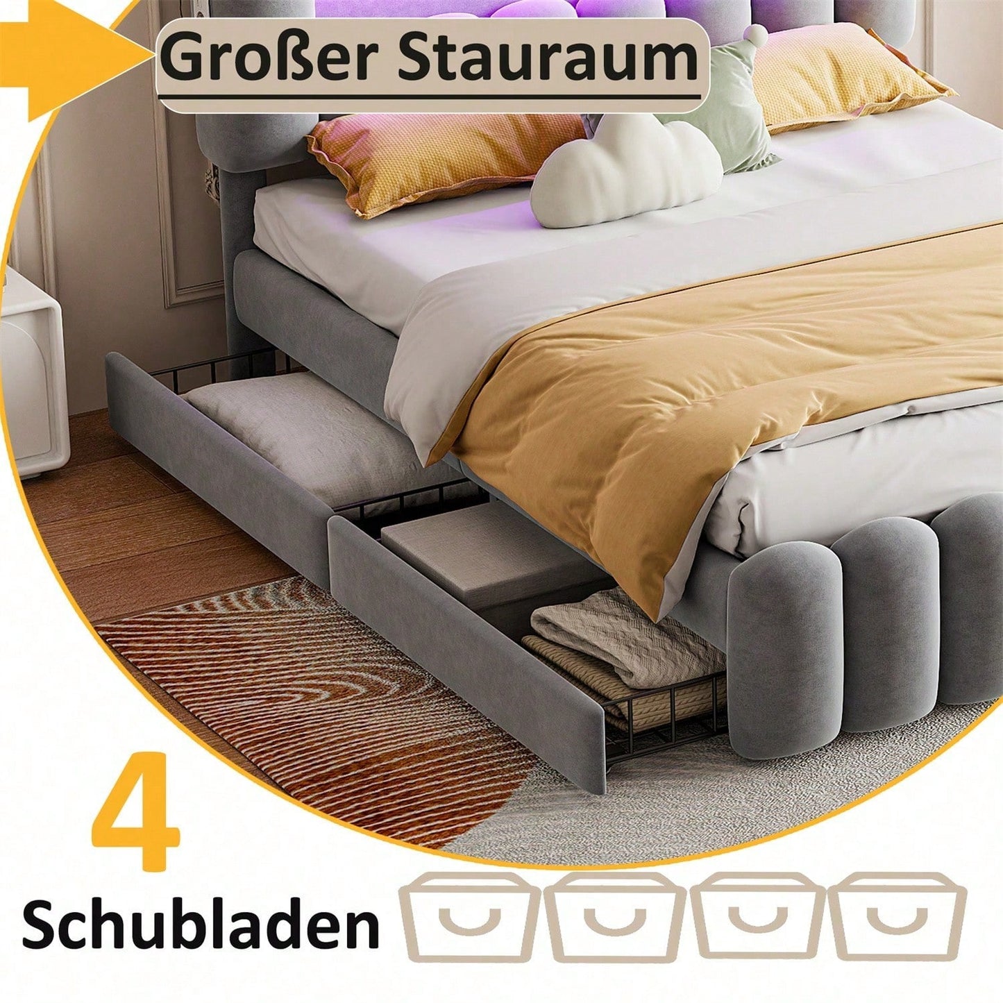 Polsterbett, 160 x 200cm, Ohne Matratze, Polsterbett mit 4 Schubladen, Polsterbet Bett mit LED-Lichtleiste mit USB und Stereoanlage, Samt, Grau