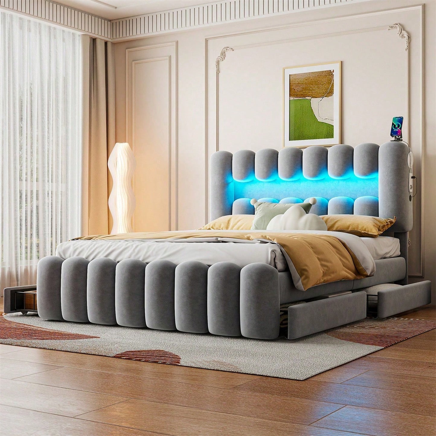 Polsterbett, 160 x 200cm, Ohne Matratze, Polsterbett mit 4 Schubladen, Polsterbet Bett mit LED-Lichtleiste mit USB und Stereoanlage, Samt, Grau