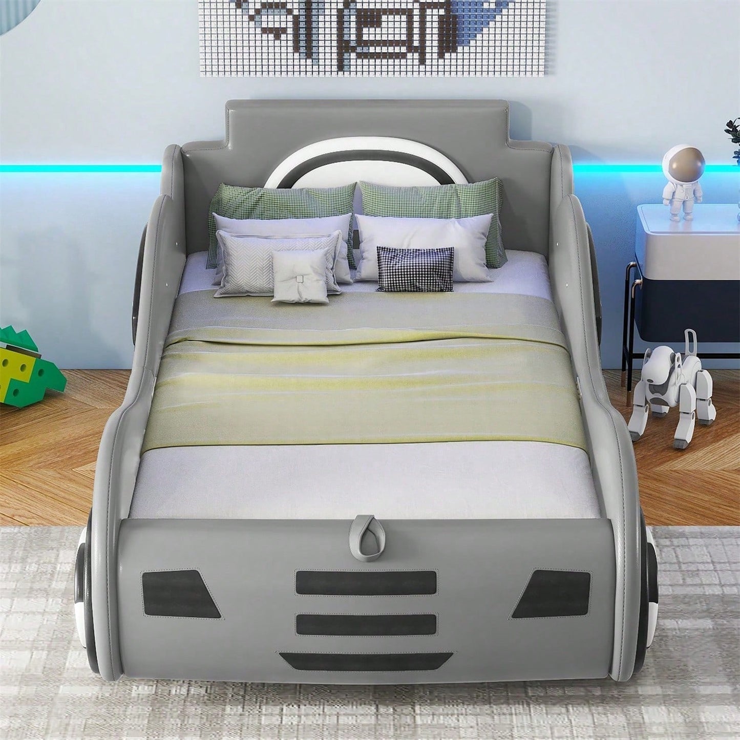 Flachbett, 90 x 200cm, Bett mit Lattenrost (ohne Matratze), Modell Autobett, Autobett, Kinderbett, Kinderbett mit Unterbettstauraum, Weiß