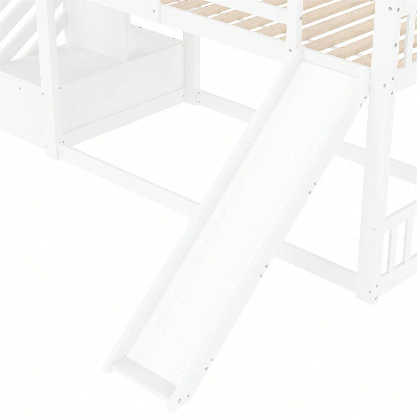 Etagenbett mit Stauraumtreppe und Rutsche, Hausbett(Ohne Matratze), Kinderbett mit Geländer, geeignet für Kinder, Jugendliche, 90x200cm, Weiß