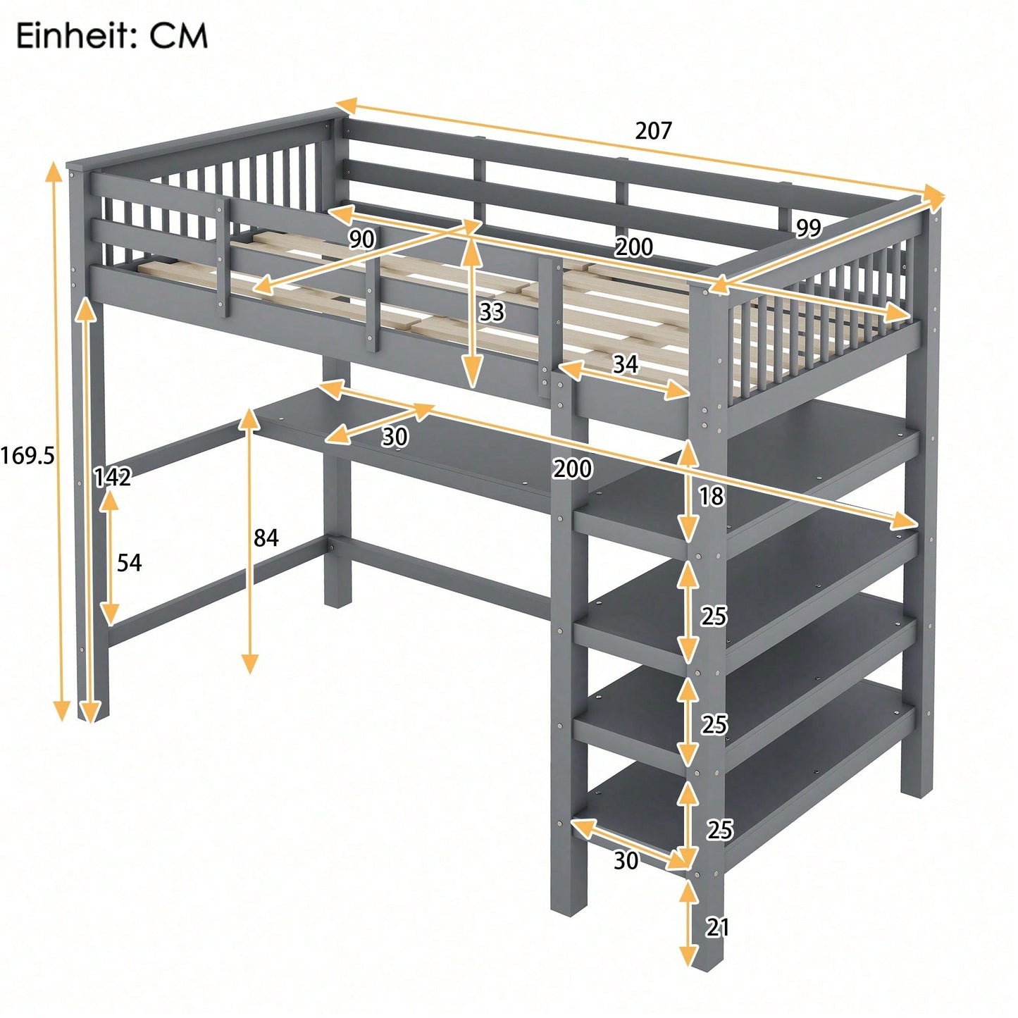 Hochbett, 90 x 200 ,Kinderhochbett mit Ablagefächern und Unterbettschreibtisch,Ohne Matratze, Weiß