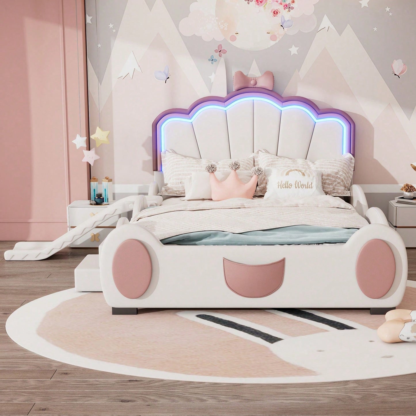 140*200cm Cartoon Bett Kinderbett Schmetterlingsbett LED-Farbwechsellicht, Fernbedienung, ausgestattet mit Rutsche und Leiter, PU-Material, schöne Form, rosa + weiß