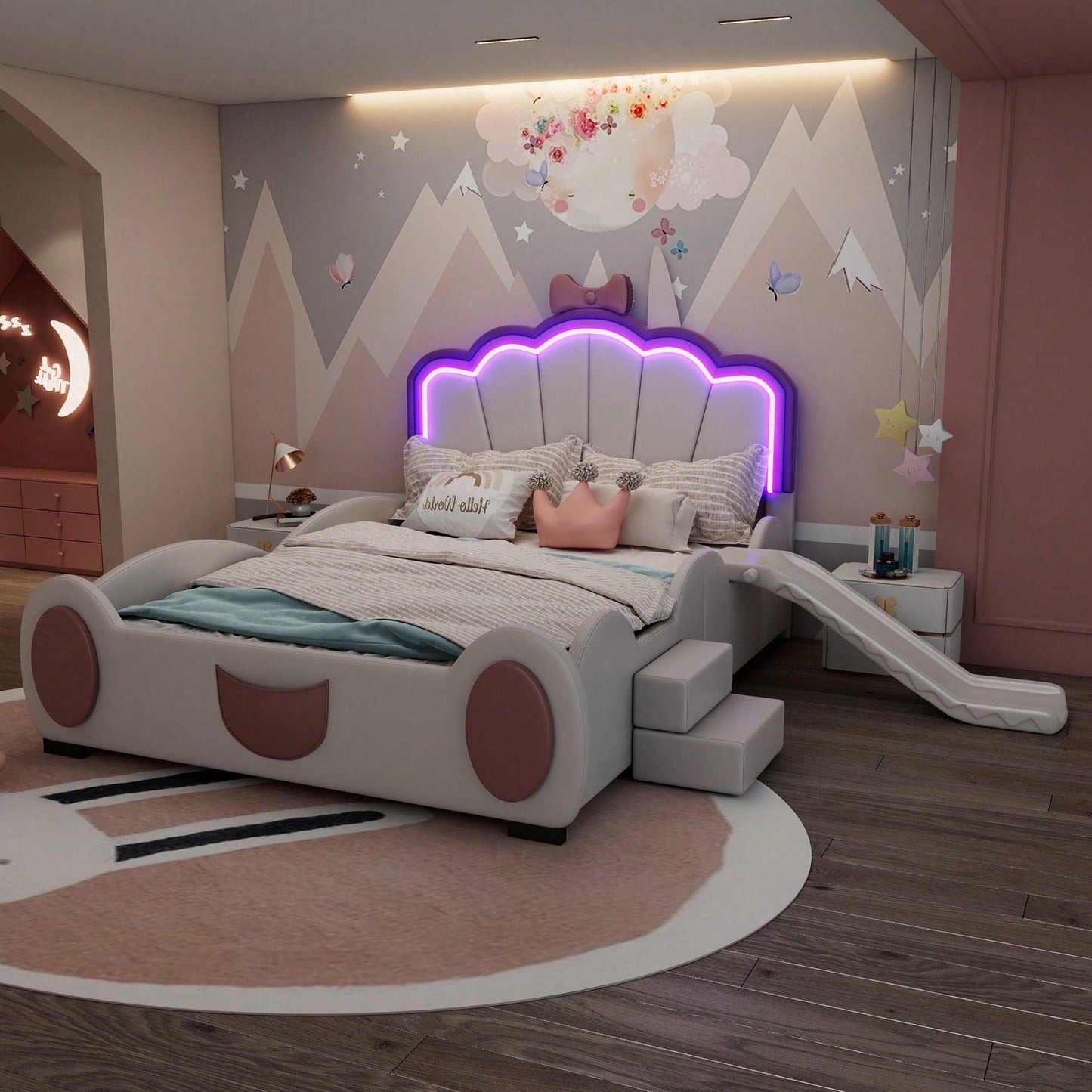 140*200cm Cartoon Bett Kinderbett Schmetterlingsbett LED-Farbwechsellicht, Fernbedienung, ausgestattet mit Rutsche und Leiter, PU-Material, schöne Form, rosa + weiß