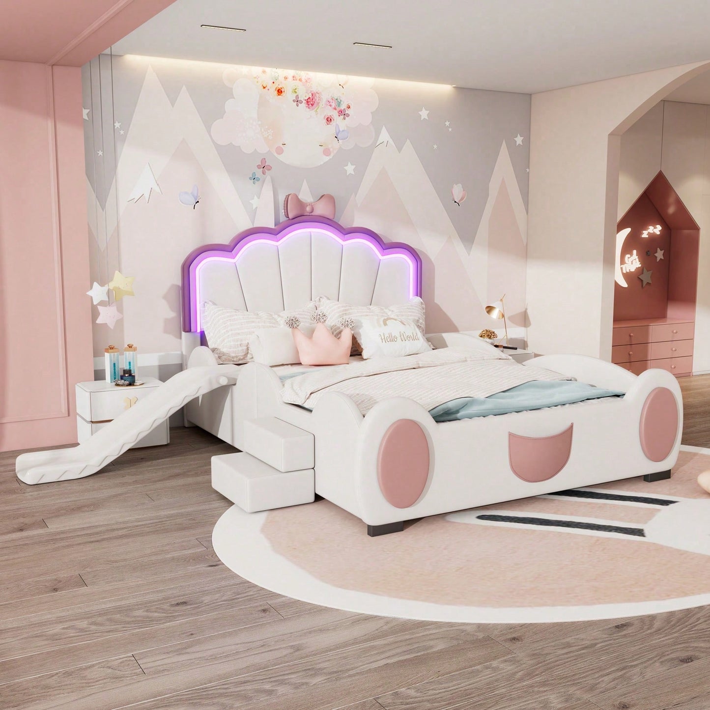140*200cm Cartoon Bett Kinderbett Schmetterlingsbett LED-Farbwechsellicht, Fernbedienung, ausgestattet mit Rutsche und Leiter, PU-Material, schöne Form, rosa + weiß