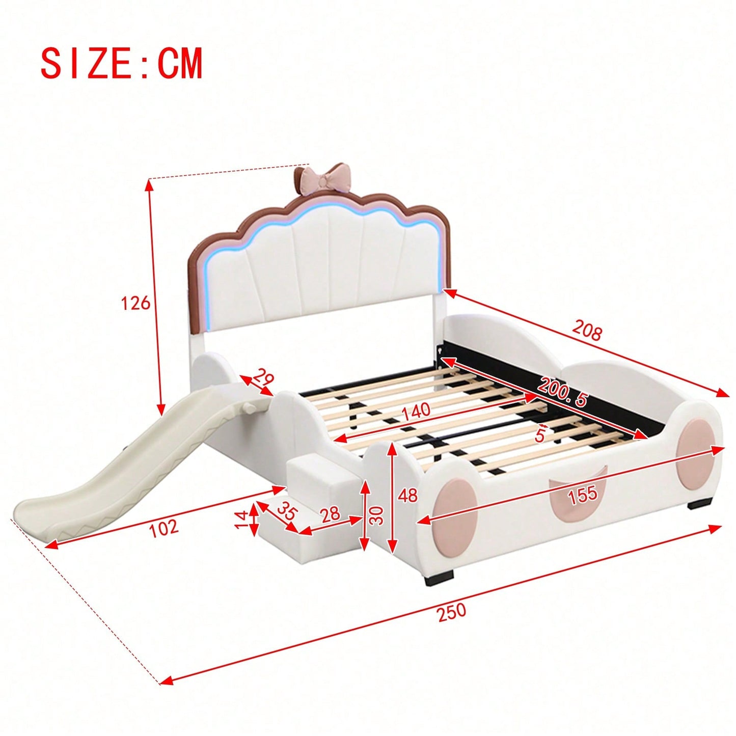 140*200cm Cartoon Bett Kinderbett Schmetterlingsbett LED-Farbwechsellicht, Fernbedienung, ausgestattet mit Rutsche und Leiter, PU-Material, schöne Form, rosa + weiß