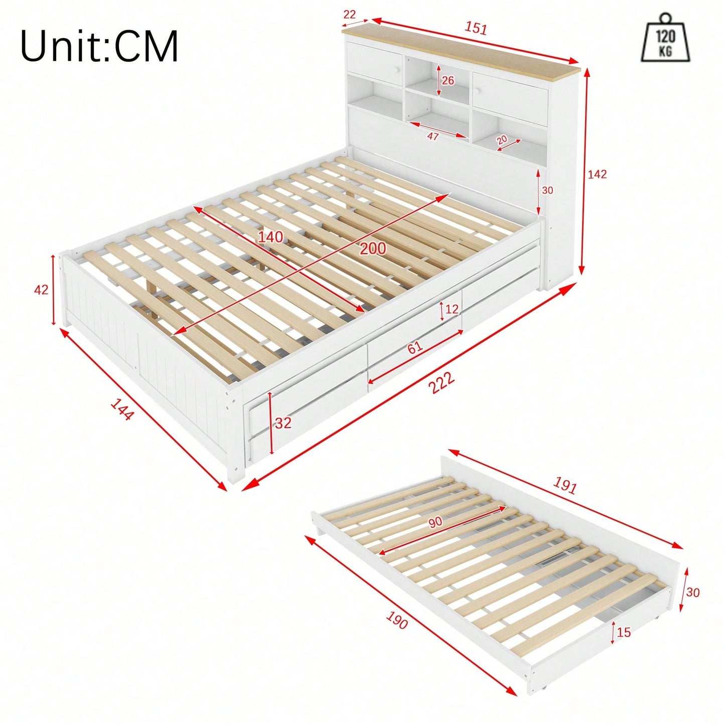 140*200cm Flachbett mit mehreren Staufächern am Kopfende des Bettes, ausgestattet mit ausziehbares Rollbett, drei Schubladen, weiß