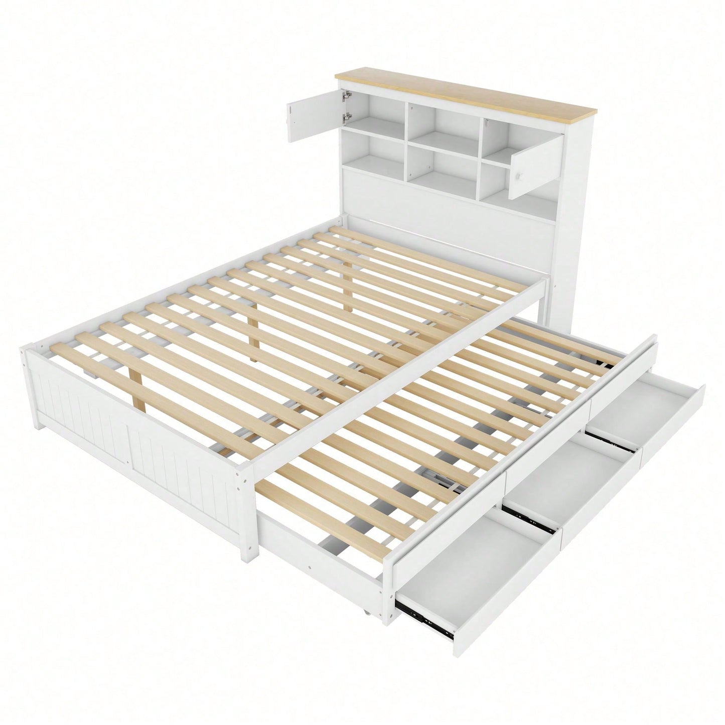 140*200cm Flachbett mit mehreren Staufächern am Kopfende des Bettes, ausgestattet mit ausziehbares Rollbett, drei Schubladen, weiß